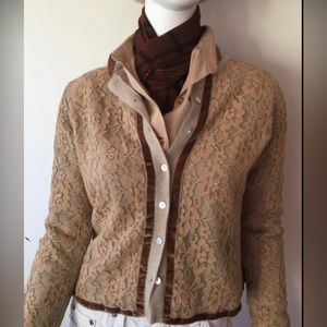 Anthropologie Moth Crème Lace Velvet Trimmed Sweater - Sz Small/Medium - $25